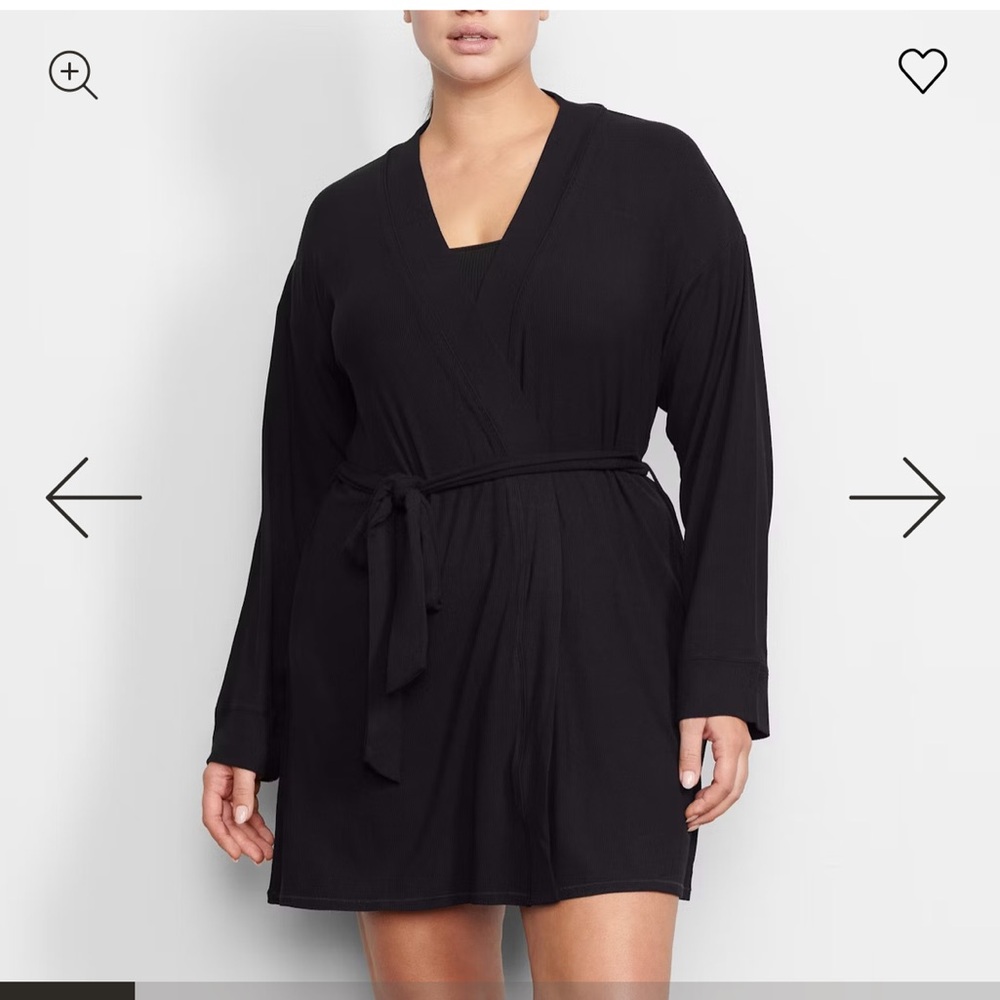 SKIMS Black Ribbed Knit Robe with Tie Belt